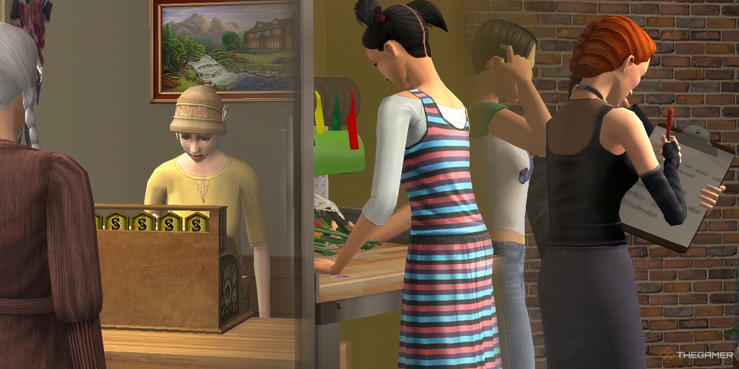 A collage of sims working at a cash register, arranging flowers, and writing on a clipboard.