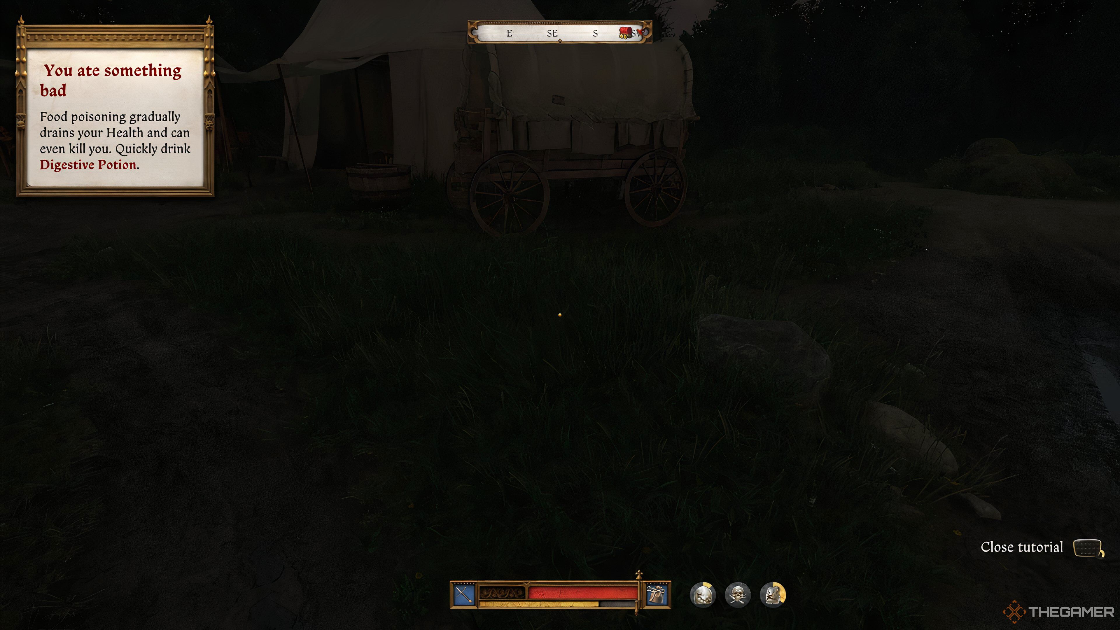 A carriage in Kingdom Come: Deliverance 2 and the food poisoning notice.