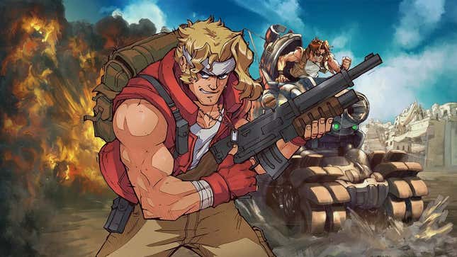 A Metal Slug character holds an assault rifle while a tank drives behind him.