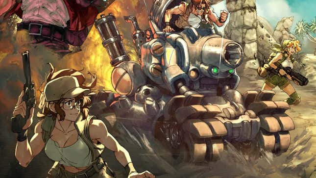 Characters from Metal Slug Tactics poise with guns and a tank.