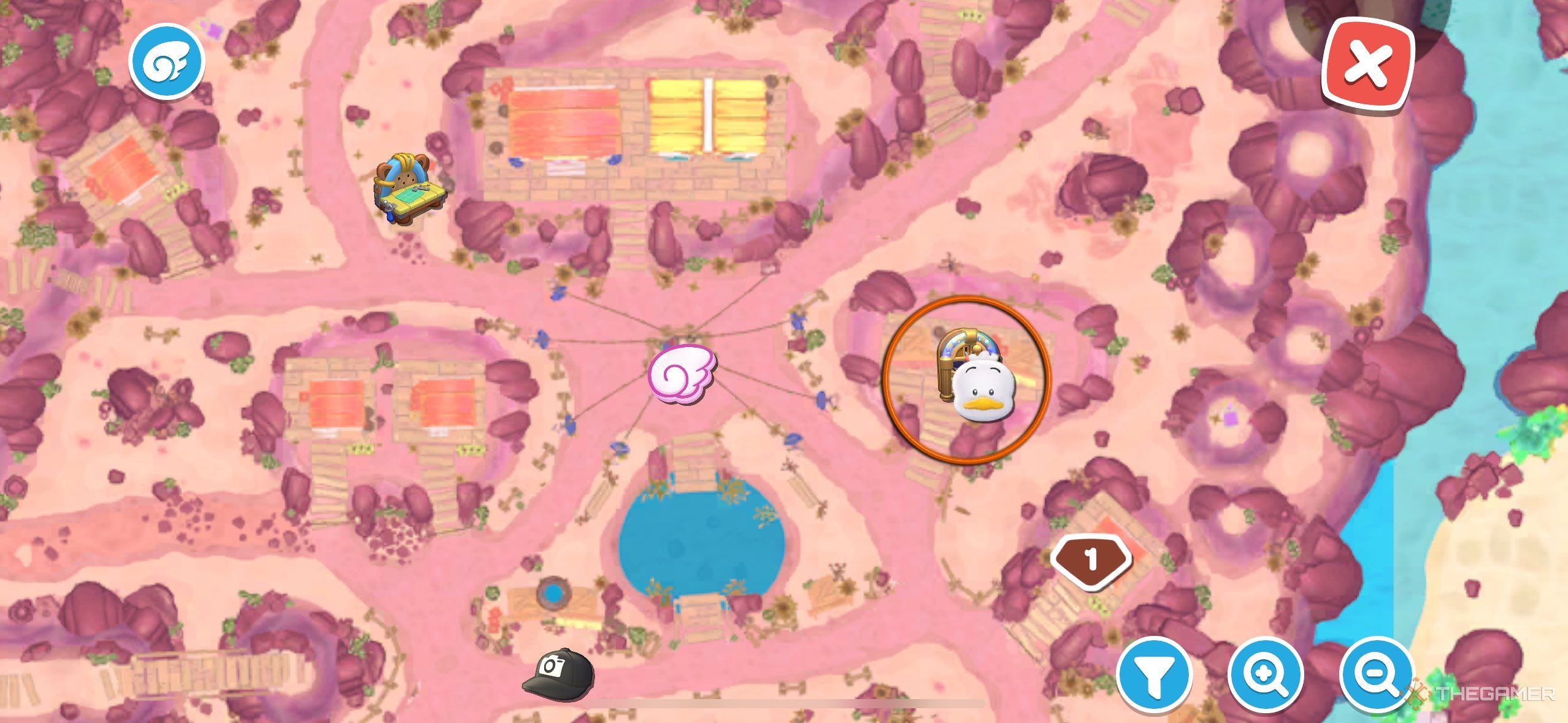 A map of Gemstone Mountain with the soda machine location circled in Hello Kitty Island Adventure.