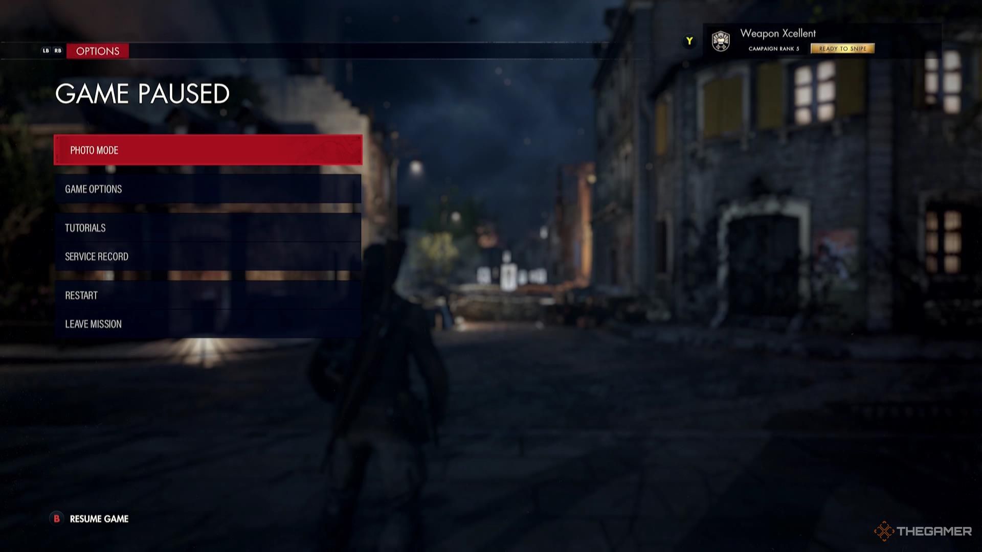 The Photo Mode option in the pause menu of Sniper Elite Resistance.