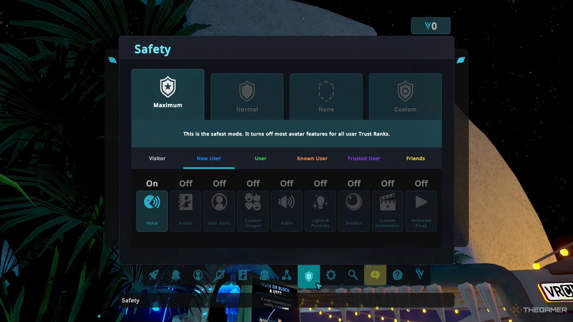 A menu in VRChat displaying the maximum security shield settings and home world.