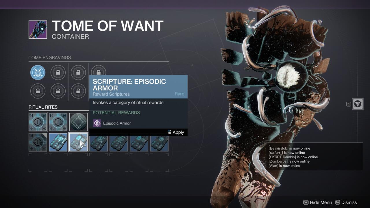 The Tome of Want in Destiny 2 showing off some of its loot curation options.