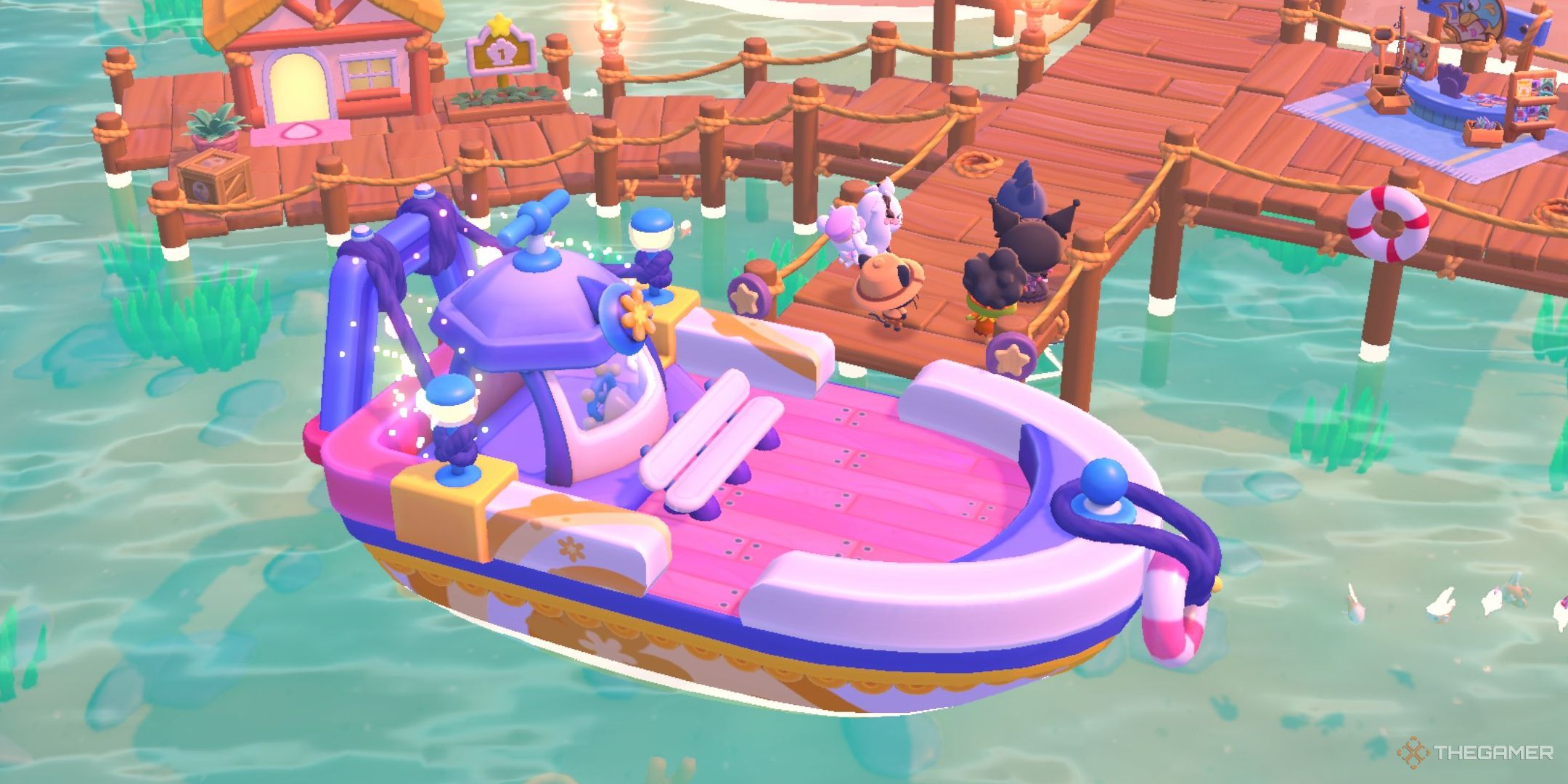 Everyone gathered at the boat in Hello Kitty Island Adventure.