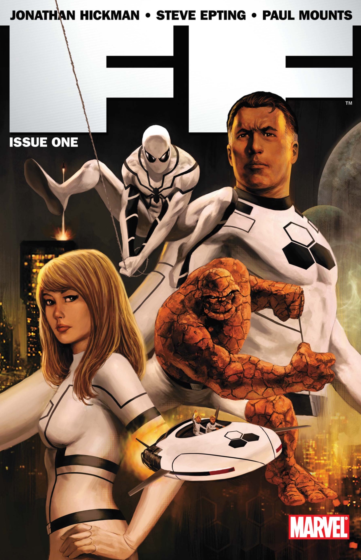 Invisible Woman, Spider-Man, Mister Fantastic and The Thing in their Future Foundation uniforms