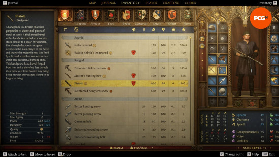 Kingdom Come Deliverance 2 gun: an image of a person's inventory, with a redimentary firearm the highlight.