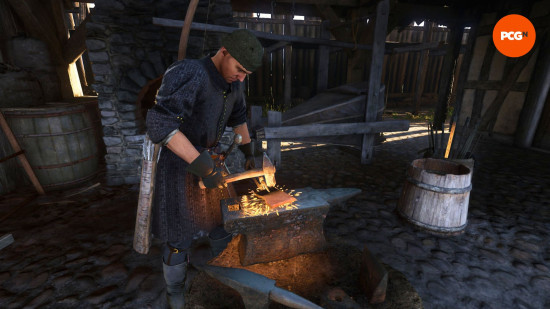 Kingdom Come Deliverance 2 money: a man stands at an anvil, hammering away at a red-hot piece of metal.