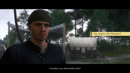 How to travel between regions in KCD2: a man wearing a knitted hat and a button shirt talks to another person about travel arrangements.