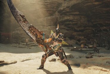 The player in Monster Hunter Wilds standing in the training area wielding the Great Sword.