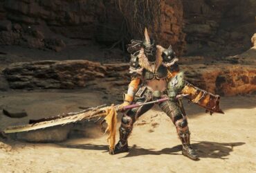 The player standing with the Long Sword equipped in Monster Hunter Wilds.