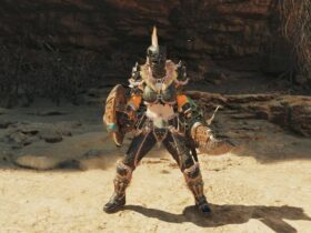 The player in Monster Hunter Wilds standing in the training area wielding the Sword and Shield.