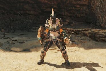 The player in Monster Hunter Wilds standing in the training area wielding the Sword and Shield.