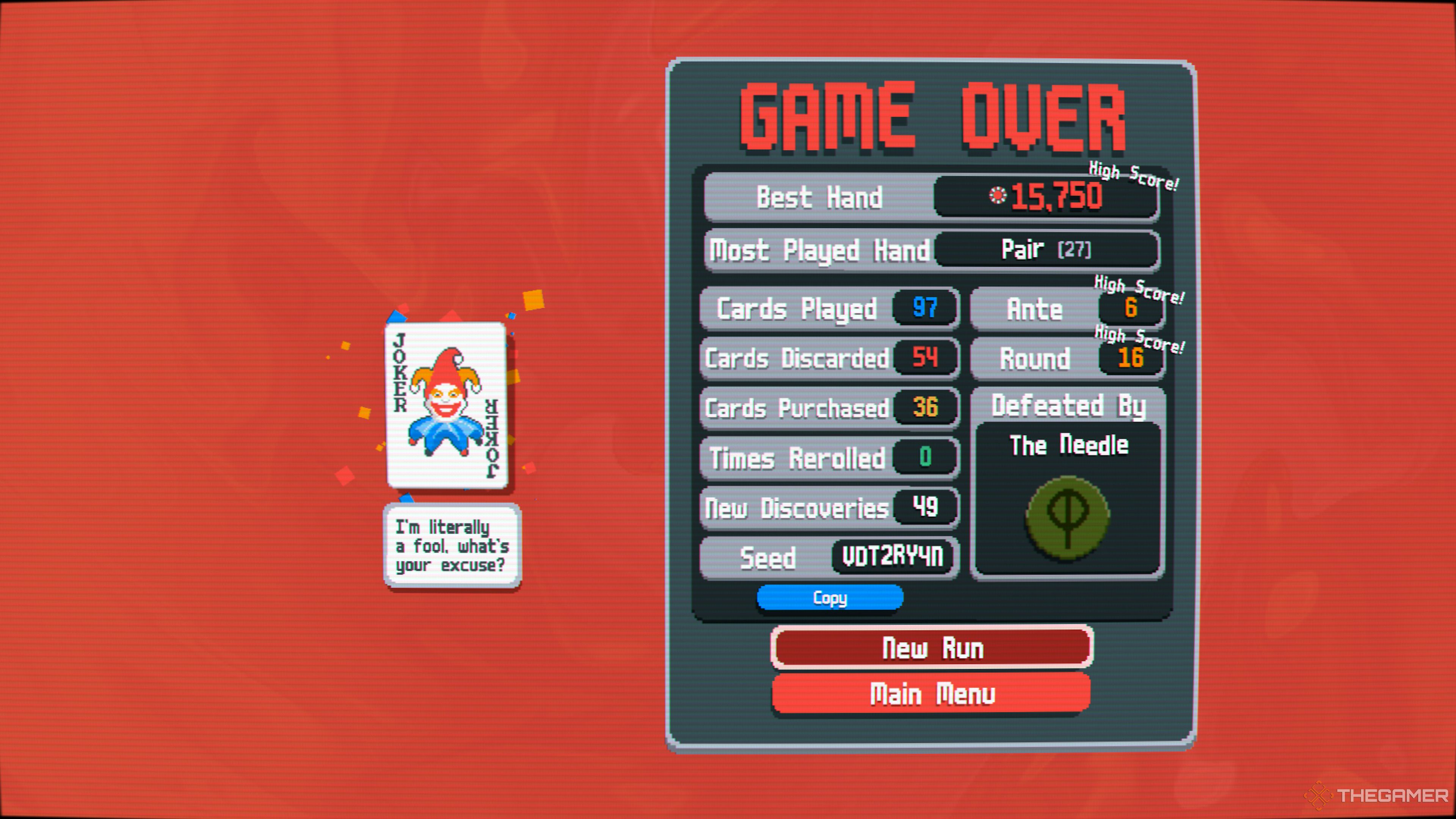 A Game Over screen in Balatro, with your results on the right and Jimbo on the left mocking you.