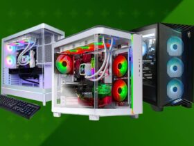 Three RTX 5070 gaming PCs on a green background