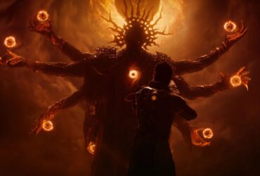 Saros screenshot featuring the main character and am imposing monster in the background with a swirling void in its chest and multiple arms with balls of fire