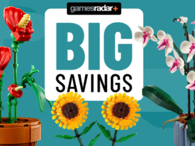 lego tiny plants, lego orchid, and lego sunflowers in front of a big savings badge