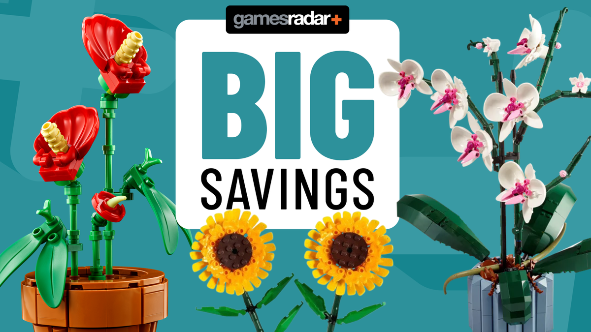 lego tiny plants, lego orchid, and lego sunflowers in front of a big savings badge