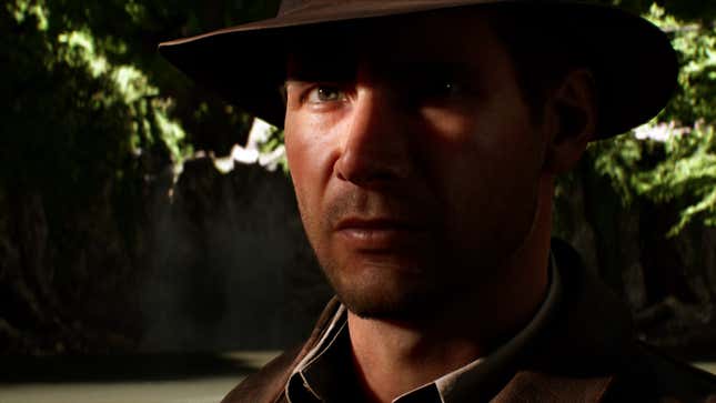 Indiana Jones stares past the camera while standing in a jungle.