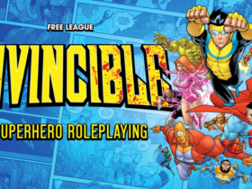 Invincible comic book art with the &quot;Invincible Superhero Roleplaying&quot; logo on top