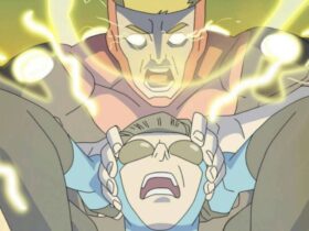 Invincible Season 3 key art of Powerplex electrocuting Mark in episode 6