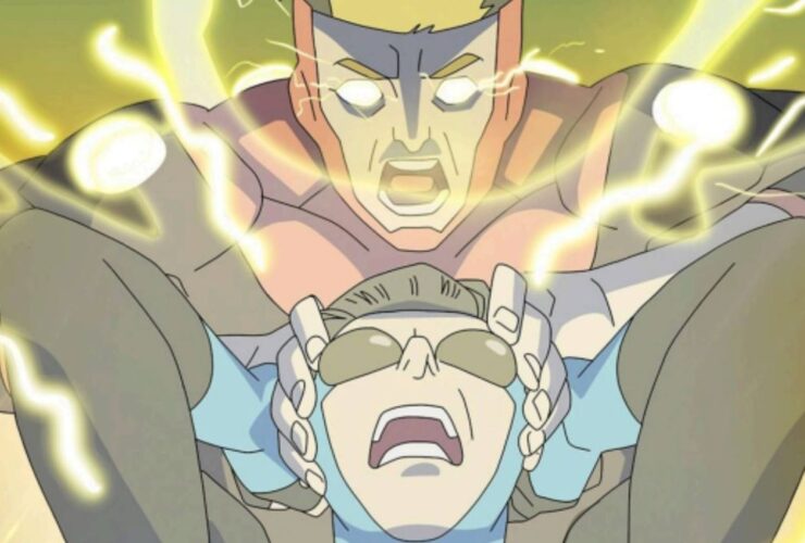 Invincible Season 3 key art of Powerplex electrocuting Mark in episode 6