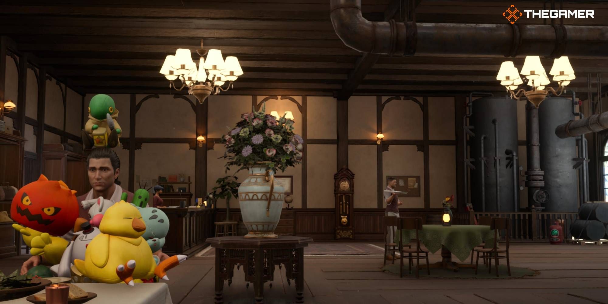 A man is accosted by several of Final Fantasy's mascots in plushie form in the town of Kalm in Final Fantasy 7 Rebirth-1