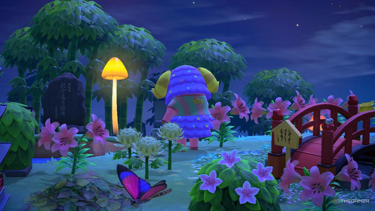 Etoile standing in a field of flowers with a butterfly decoration in Animal Crossing New Horizons.