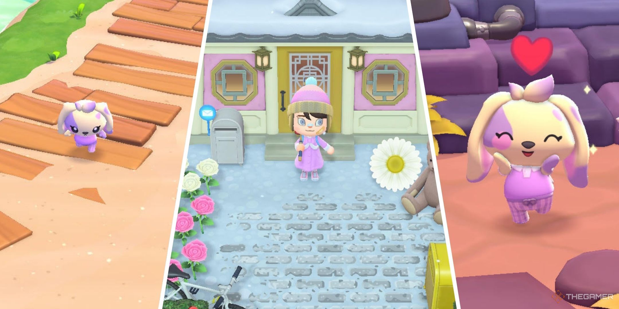 Split images of a player on a beach path in Hello Kitty Island Adventure, a player standing in front of their house in Animal Crossing New Horizons, and a player posing happily in Hello Kitty Island Adventure.