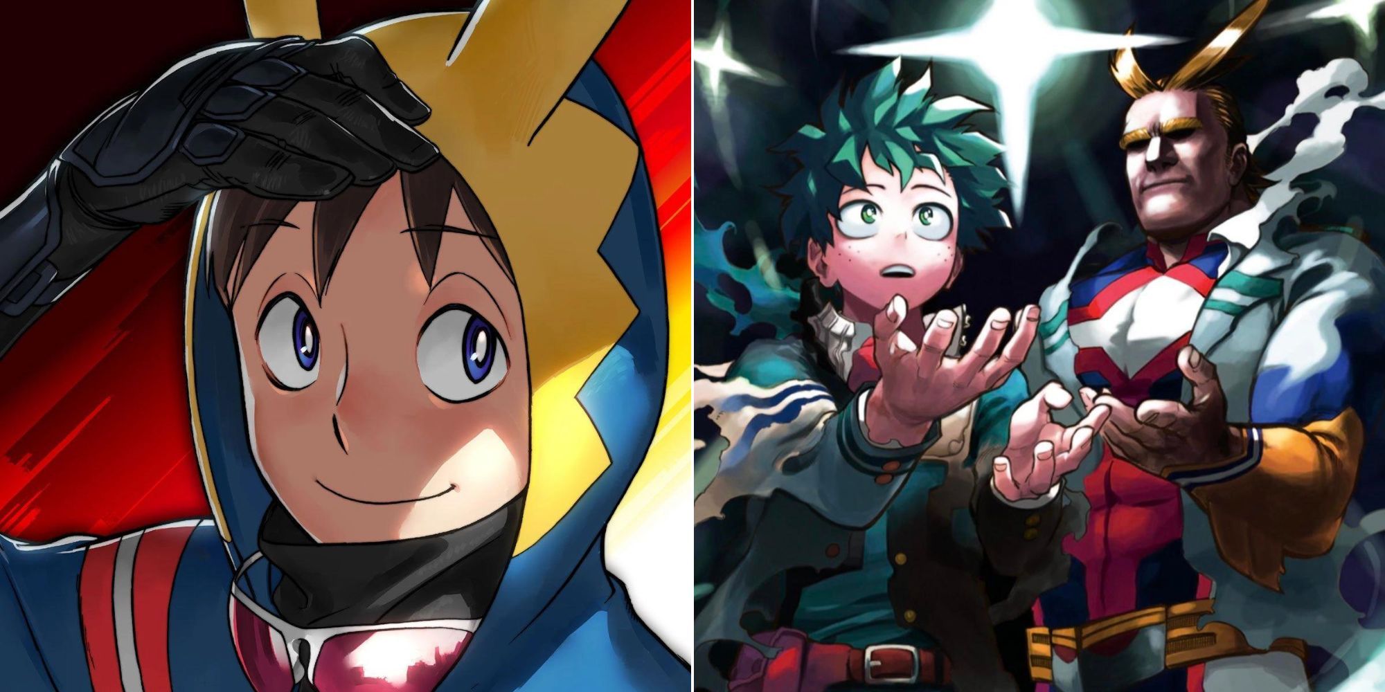 Split image of Koichi Haimawari from My hero academia vigilantes, and Deku and All Might from My hero Academia