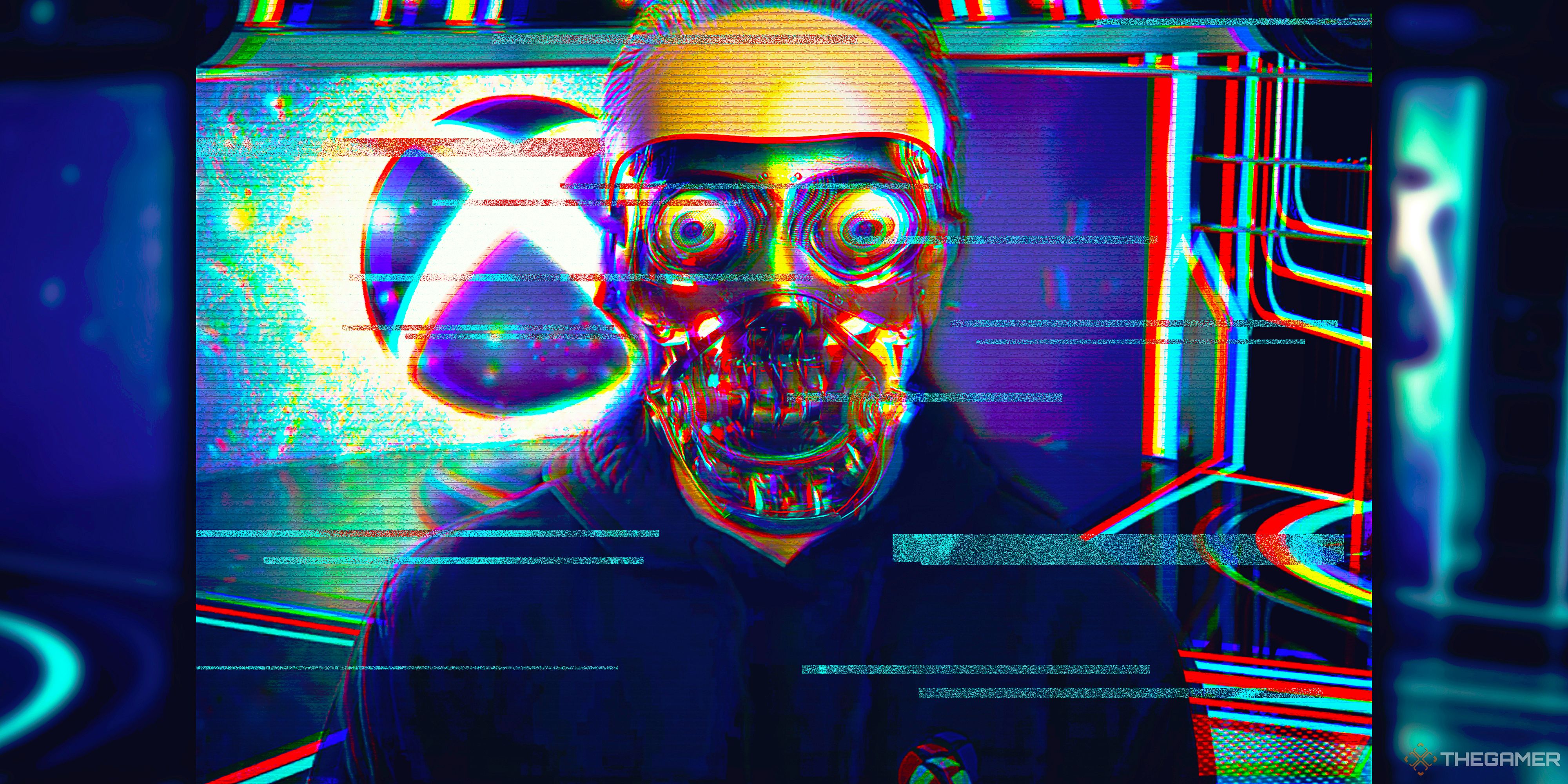 A robot with its face peeled off with the Xbox logo in the background.