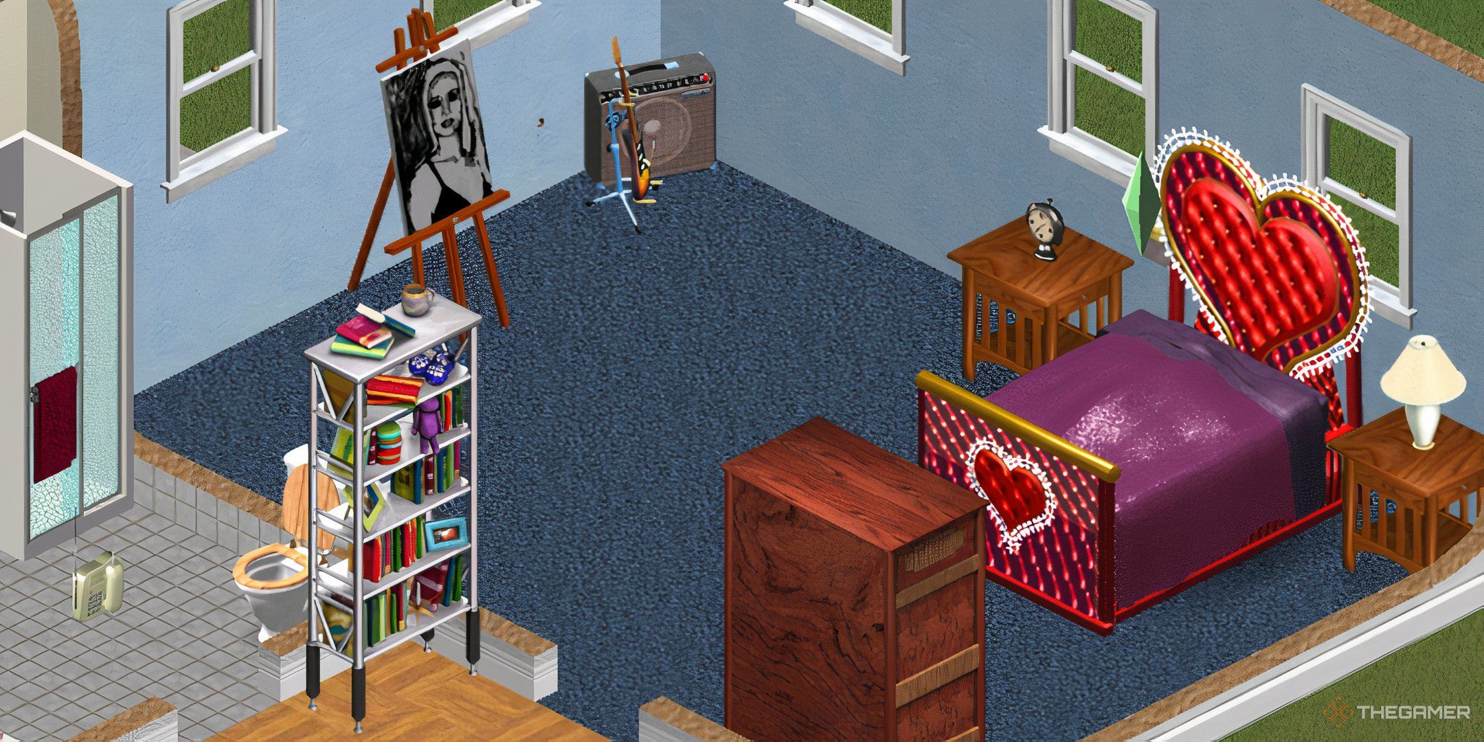 The Sims 1 bedroom with easel, guitar and vibromatic bed.