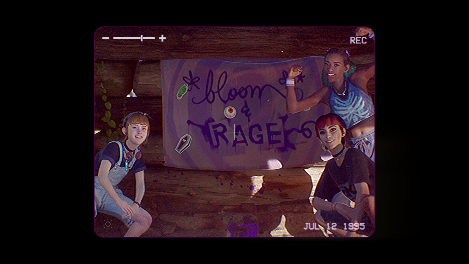 Autumn, Kat, and Nora pose for Swann's camera in front of a band banner in Lost Records: Bloom and Rage