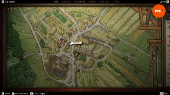 Kingdom Come Deliverance 2 fast travel: an old illustrated map showing the layout of a village.