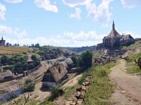 The countryside with churches and small houses in Kingdom Come: Deliverance 2