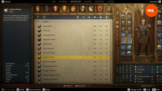 Kingdom Come Deliverance 2 respec: an image of a person's inventory, with an item named Lethean Water highlighted.