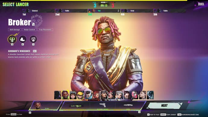 A character select screen in Fragpunk, with a black male character with red locks and a golden sash standing in the middle of a purple-yellow sunburst screen.