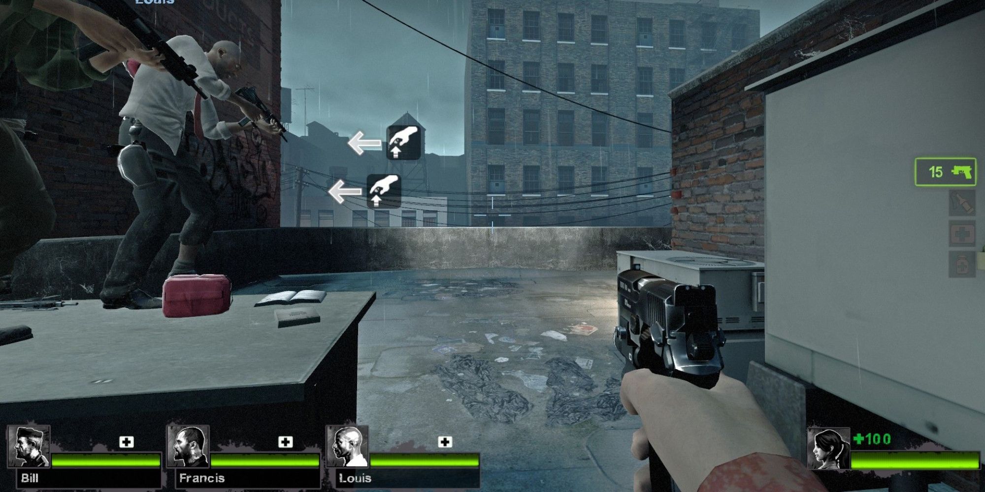 The player holds a semi-automatic pistol on a uilding rooftop, Bill and Louis are on the left side in  Left 4 Dead 2.