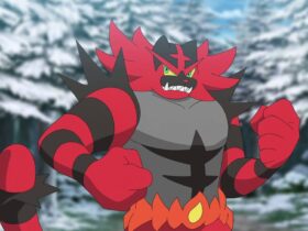 A screenshot of Incineroar in the Pokemon anime.