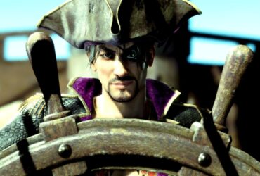 Goro Majima takes the helm of his ship in Like a Dragon: Pirate Yakuza in Hawaii