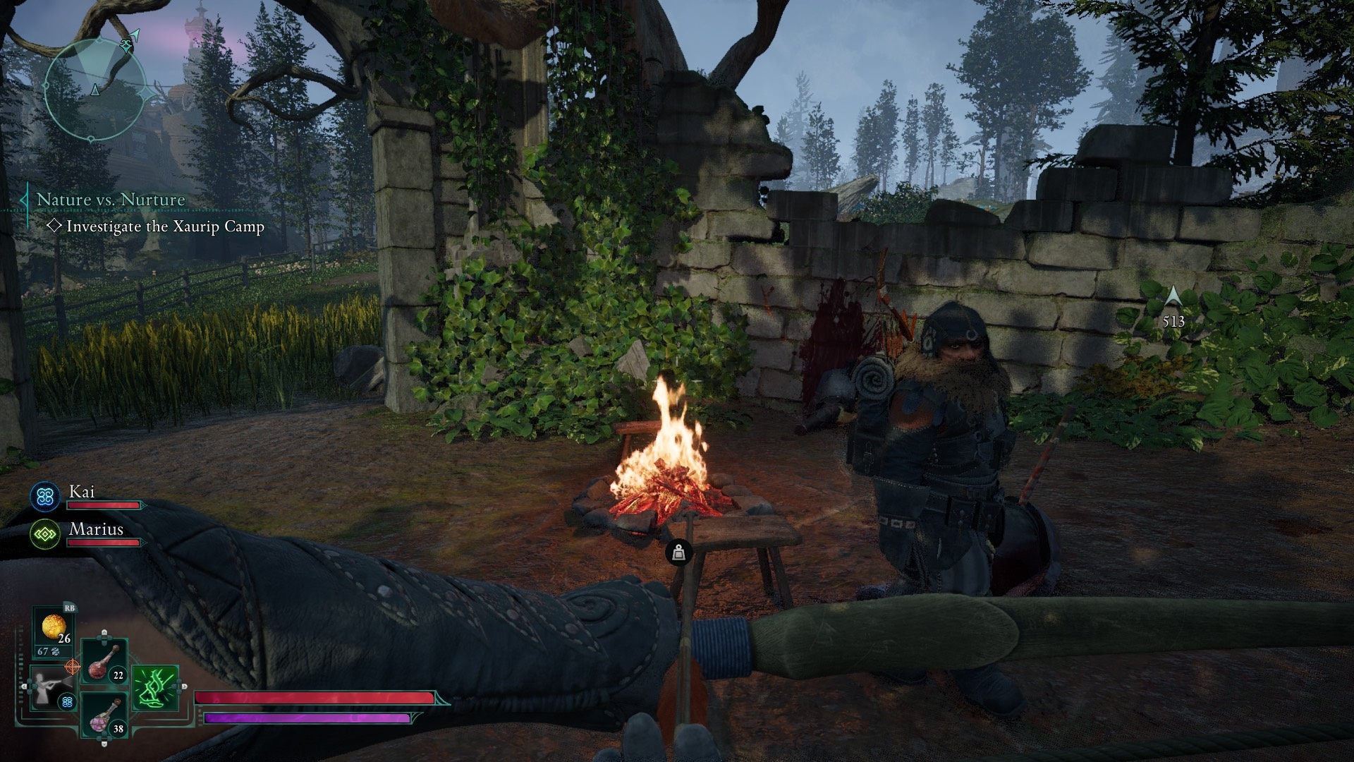 Avowed screenshot of the godlike holding a bow from a first-person perspective by a small campfire. A weight symbol can be seen on screen