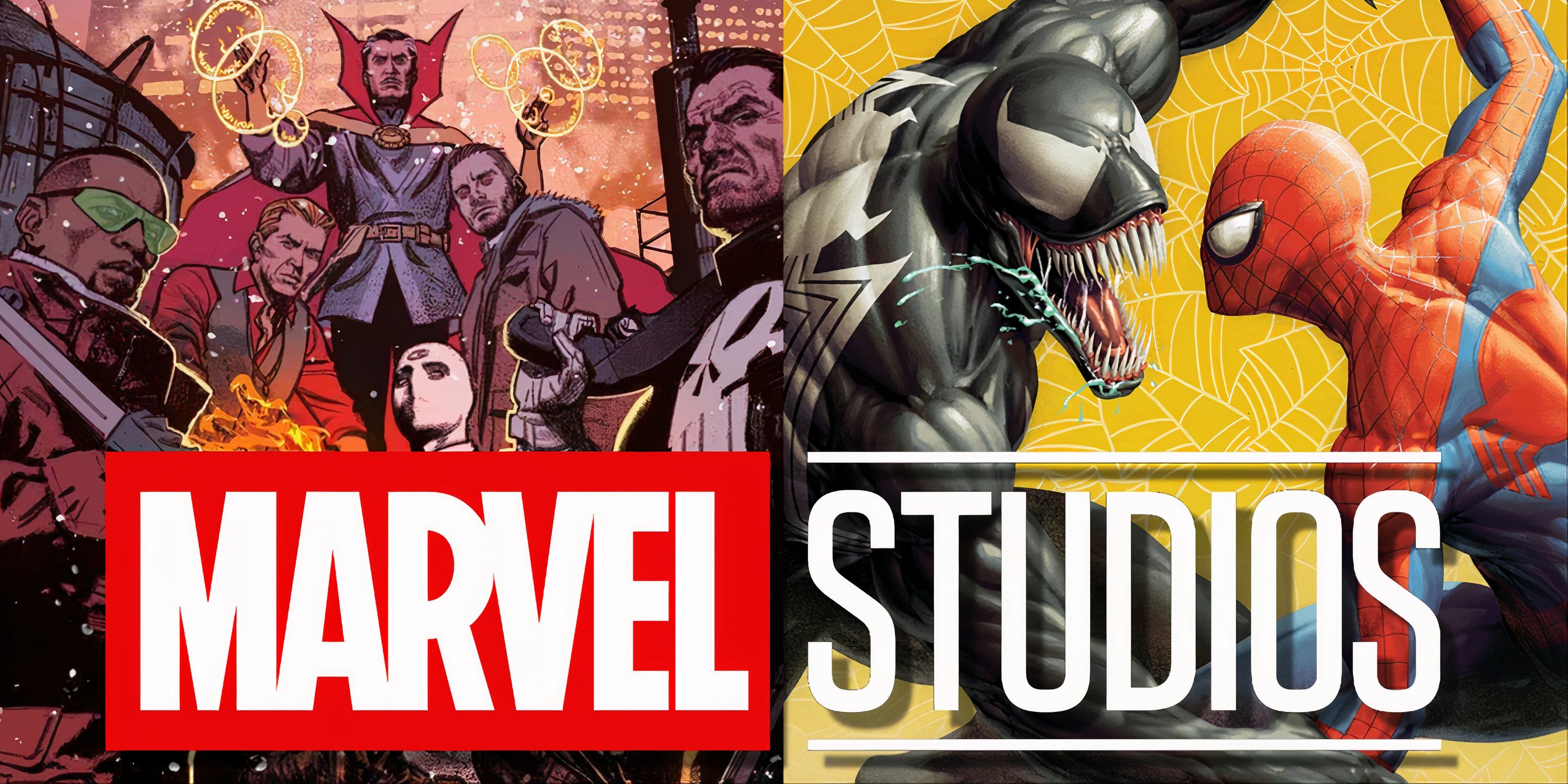 Split image of the Midnight Suns and Venom with Spider-Man in Marvel Comics