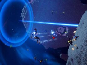 A player in space, firing a weapon at alien creatures in a pre-alpha screenshot of Stars Reach.