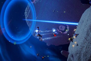 A player in space, firing a weapon at alien creatures in a pre-alpha screenshot of Stars Reach.