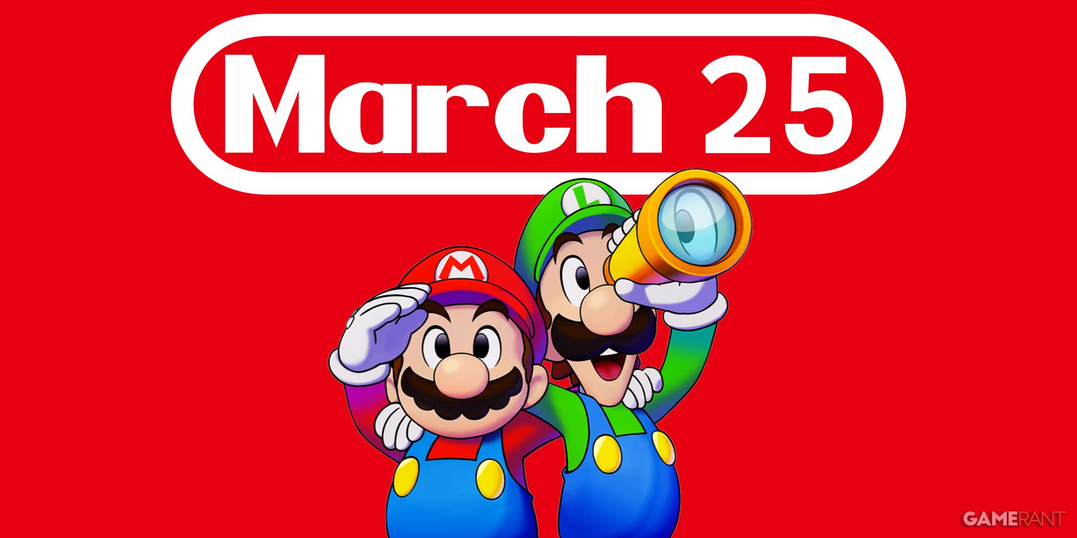 Mario and Luigi Brothership spyglass artwork with March 25 tagline Nintendo red background 2x1 composite