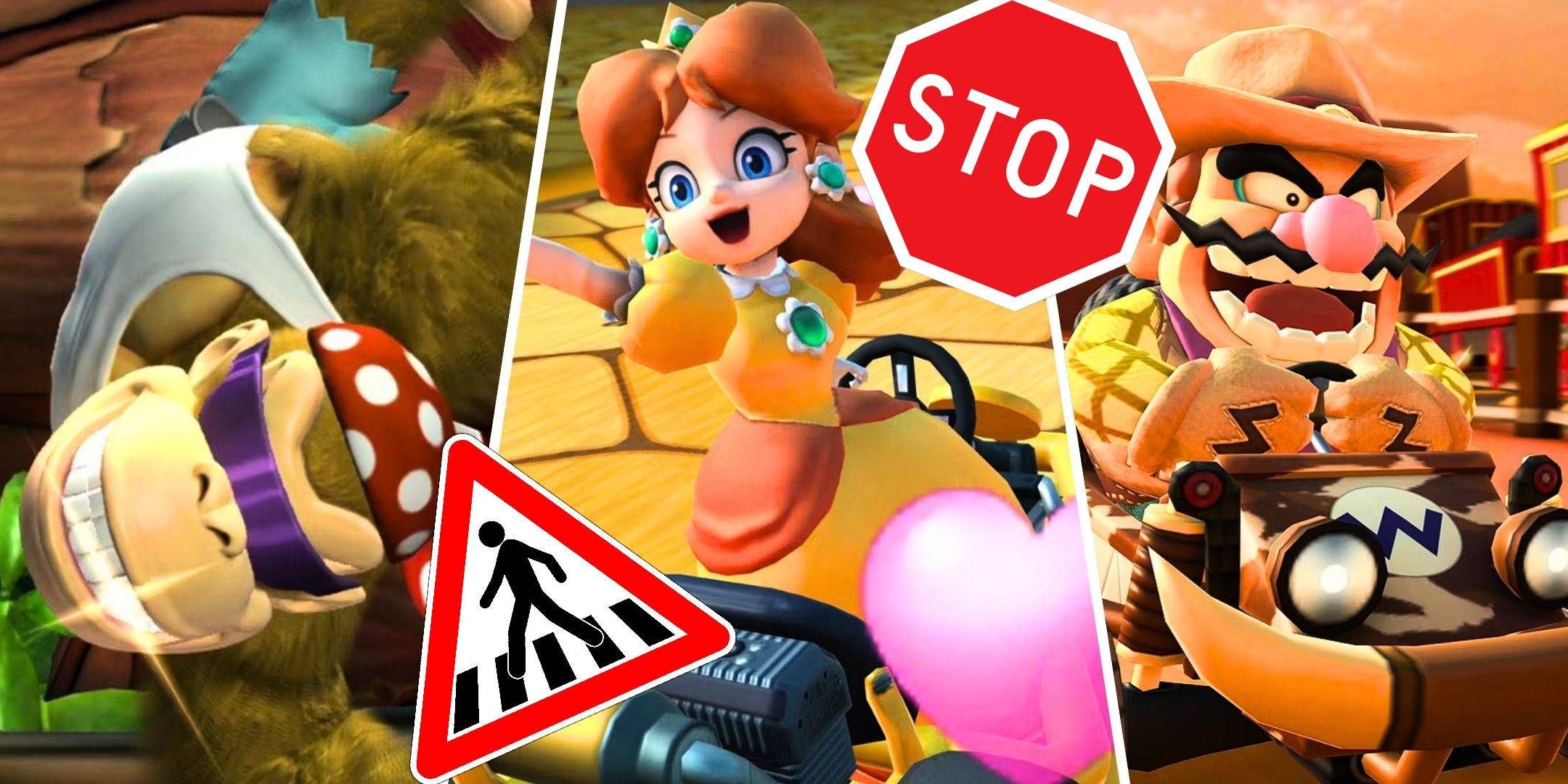 A split image of Funky Kong, Daisy, and Wario from the Mario Kart series with street signs over top.