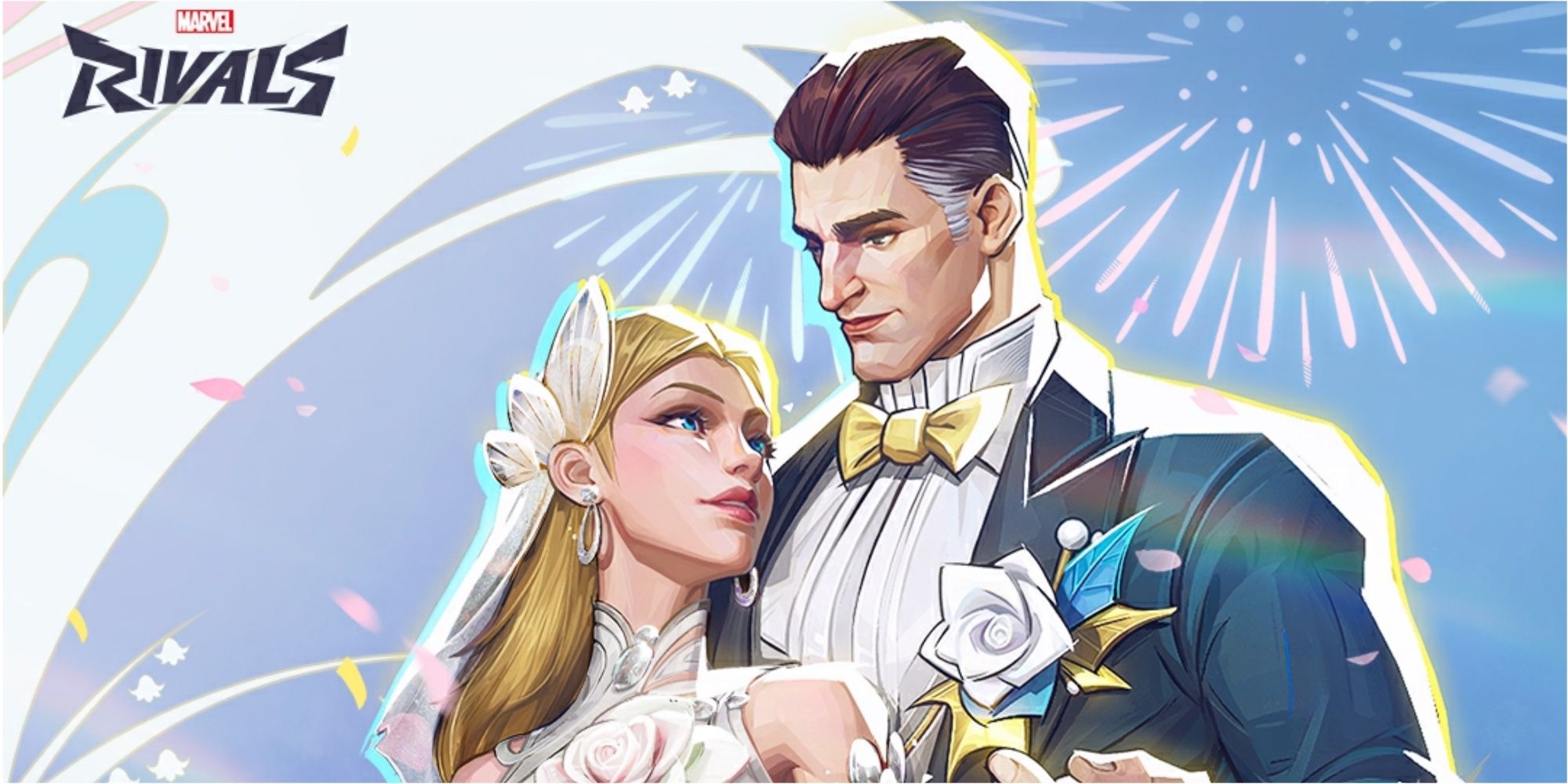 Mr. Fantastic and the invisible Woman from Marvel Rivals looking at each other lovingly in wedding attire.