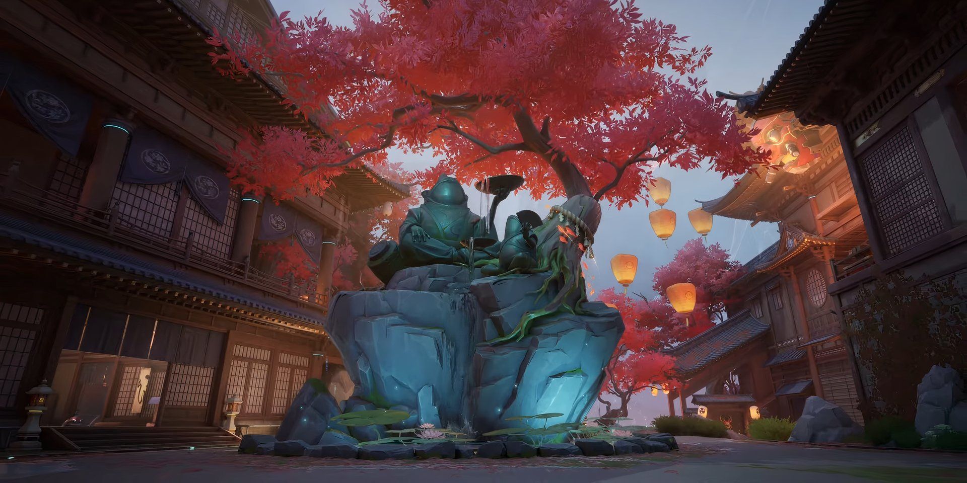 A statue in the middle of the Tokyo 2099 Spider-Islands map in Marvel Rivals.