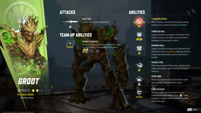 A screenshot shows Groot's various abilities.