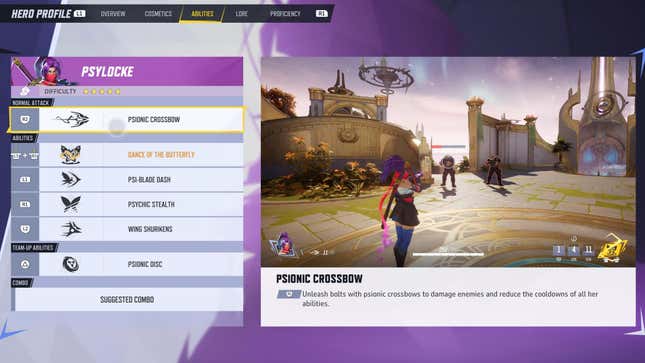 The Abilities tab for Psylocke’s Hero Profile, highlighting her Psionic Crossbow.